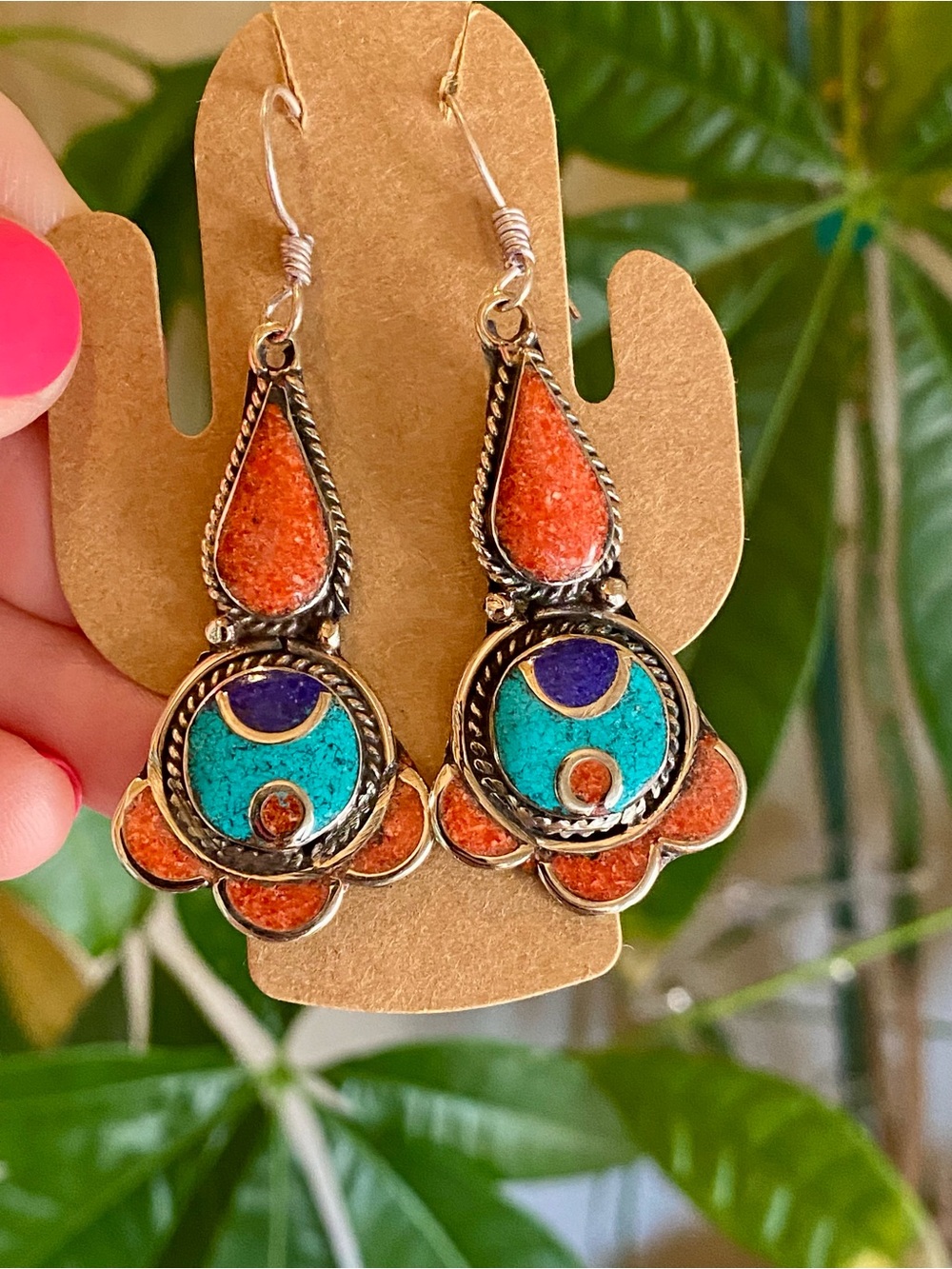 Southwestern 925 Sterling Silver Turquoise, Coral, & Lapis Lazuli Earrings